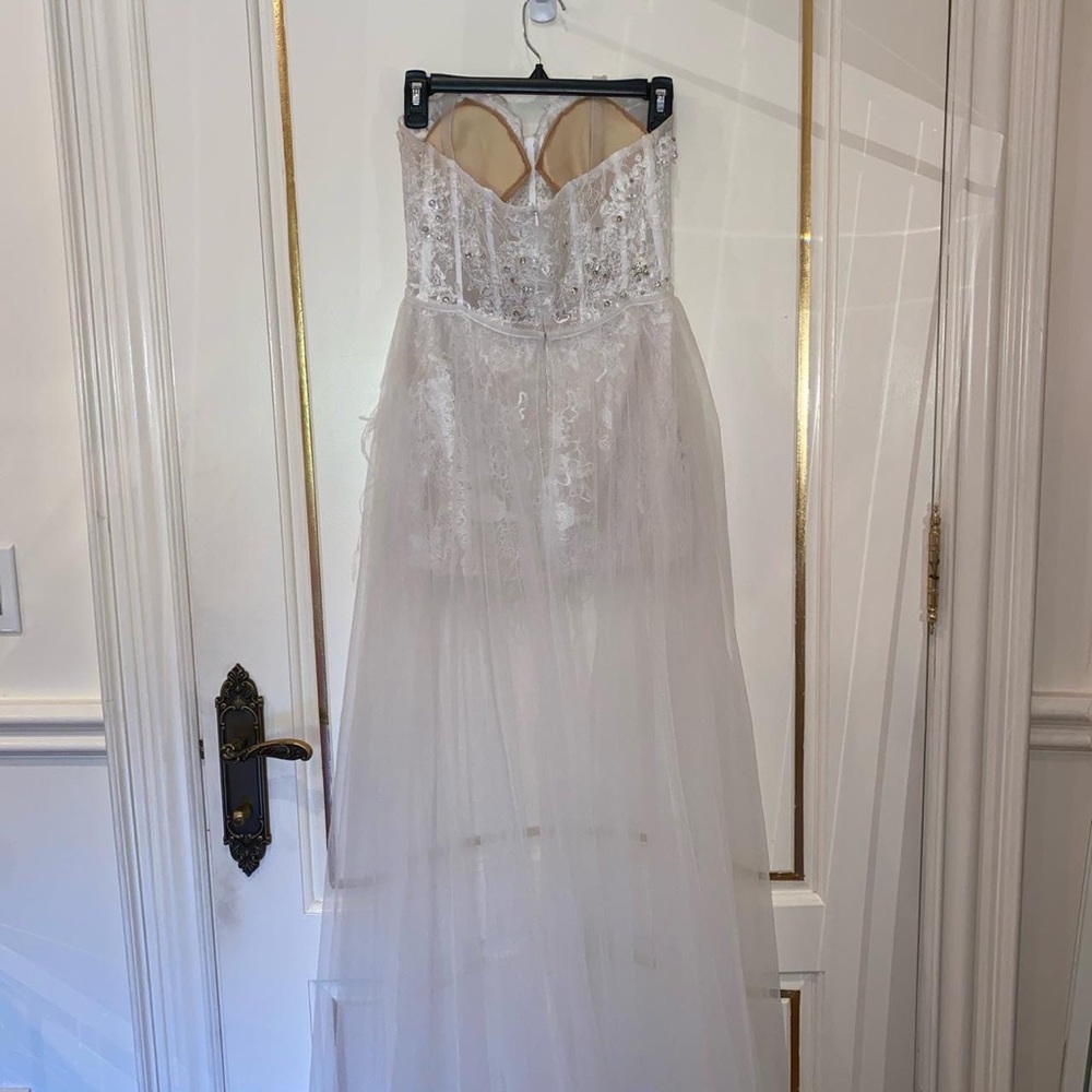 mini white lace feather gown with overskirt and rhinestones - Picture 3 of 4